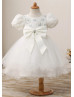 Puff Sleeves Beaded Ivory Lace Tulle Flower Girl Dress